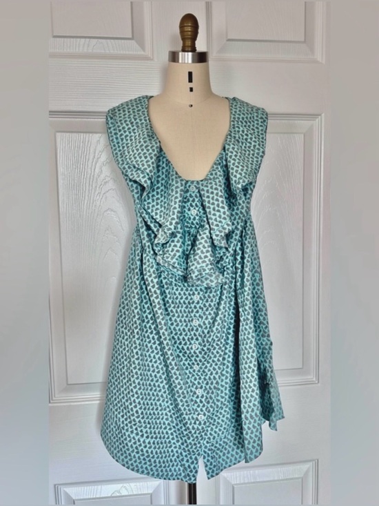 Hot & Delicious Tops - Bird Print Dress by Hot & Delicious - Light Teal w Ruffles - Sz Med